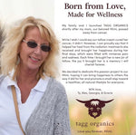 Woman with sunglasses and text about TAGG Organics and a deceased mother, with a logo of a cow.