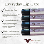 Tagg Organics lip balms with text on everyday lip care benefits on a light gray background