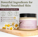 Jar of lavender and chamomile whipped tallow cream with natural ingredients listed on a white background