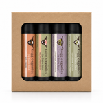 A boxed set of four Tagg Organics lip balm sticks in a kraft paper gift box with a clear window. The lip balms come in strawberry, mango, mango lime, and cucumber melon flavors.