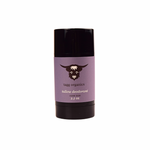 Deodorant stick with purple label and black cap on a white background