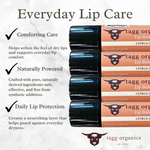 Tagg Organics lip balm packaging with product description on a white background