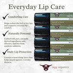 Lip balm packaging with text on everyday lip care and tagg organics branding.