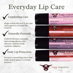Tagg Organics lip balm products with text on everyday lip care on a white background