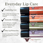 Lip balm products with text on everyday lip care and tagg organics branding.