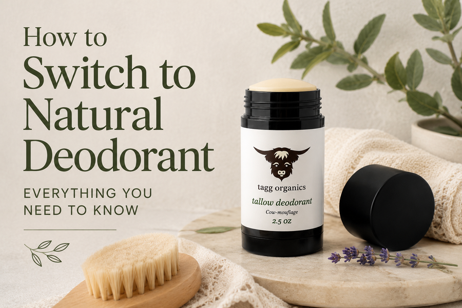Tallow deodorant on wood surface with natural elements