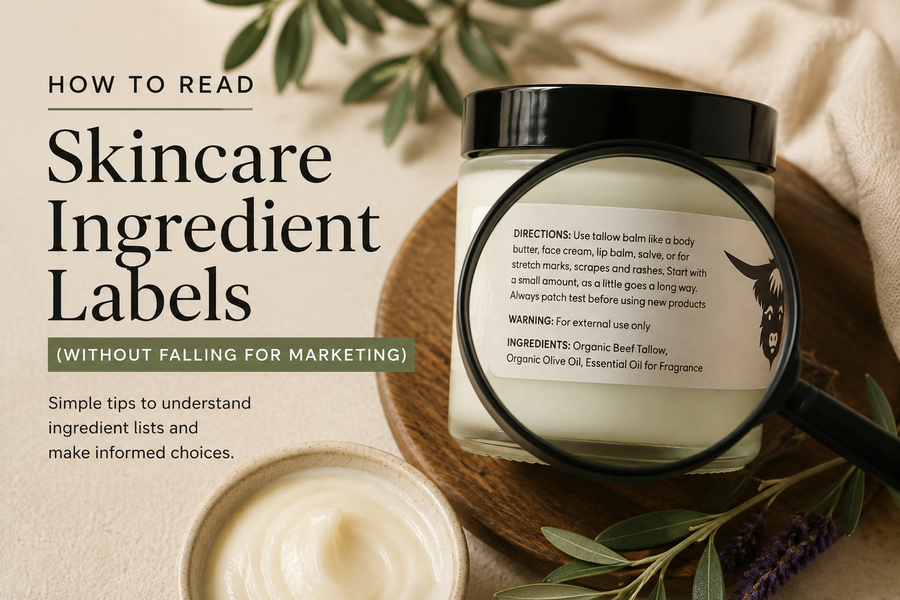 TAGG ORGANICS skincare jar with a magnifying glass highlighting the ingredient label, symbolizing transparent ingredient education.
