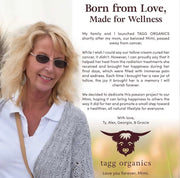 Woman with sunglasses and text about TAGG Organics and a deceased mother, with a logo of a cow.