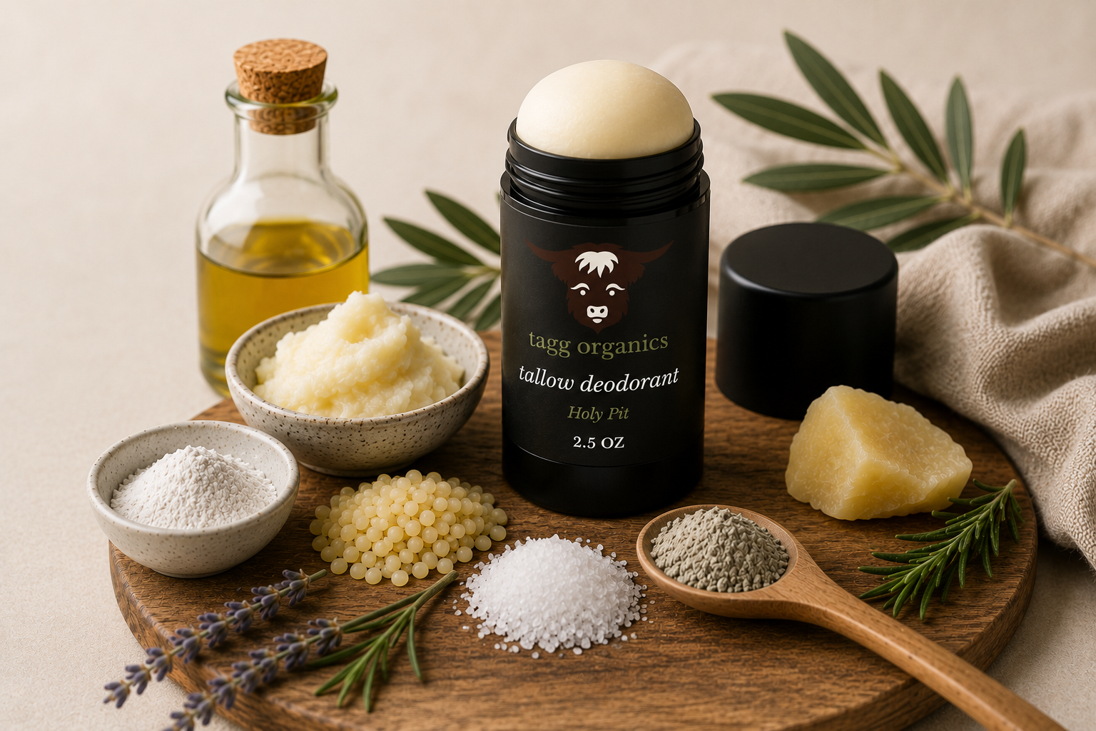 A roll-on deodorant stick by tang organics sits on a wooden tray with its cap beside it, surrounded by natural ingredients including olive oil, balm, exfoliating powder, sea salt, and herbs on a neutral beige background.