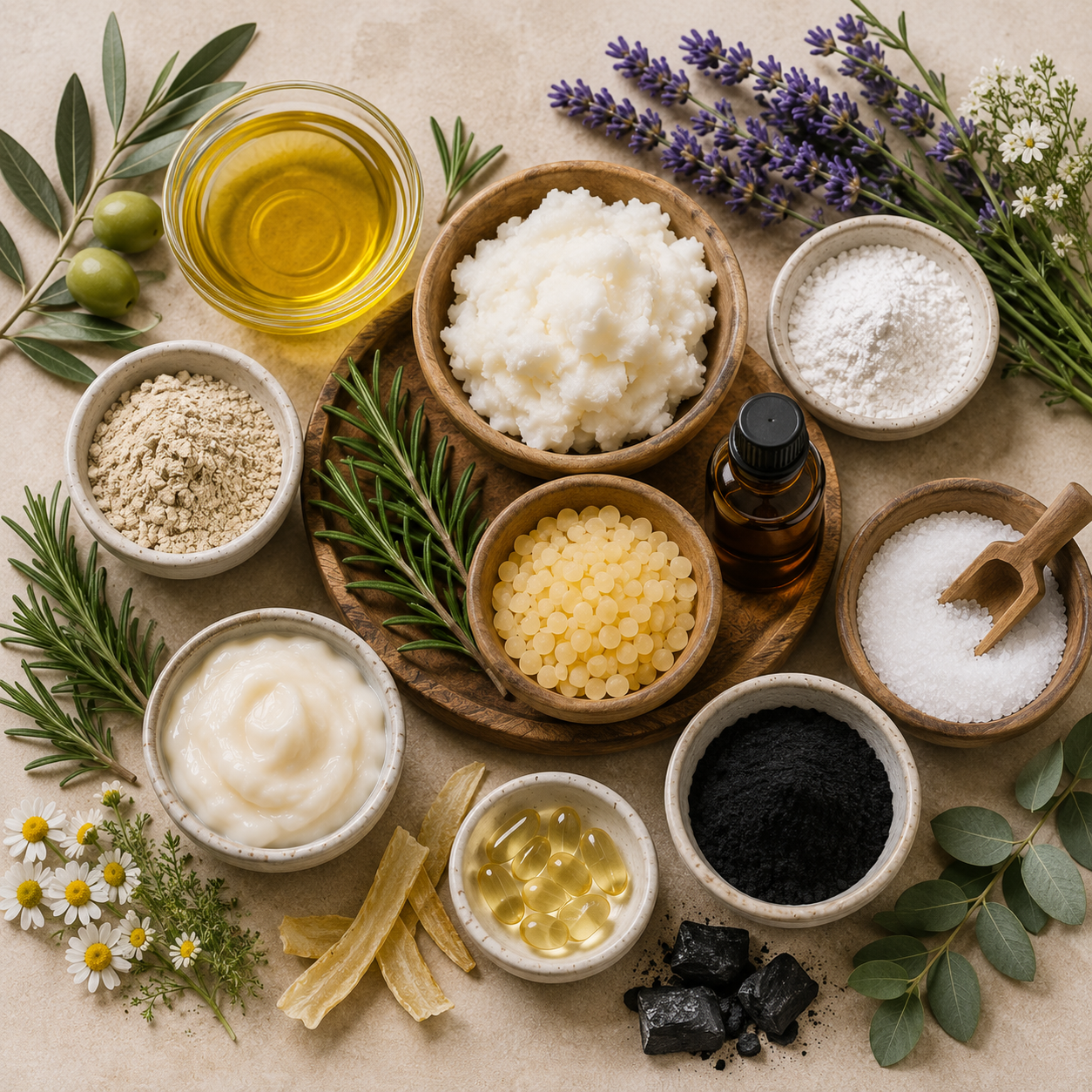 An overhead flat-lay of natural skincare ingredients arranged on a beige surface, including a bowl of golden oil, white clay masks, a bowl of yellow beads, charcoal powder, rosemary, lavender, chamomile flowers, and other botanical elements.