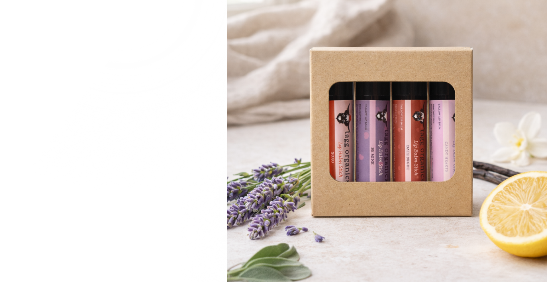 Set of lip balms in a cardboard box with lavender and a lemon on a light background