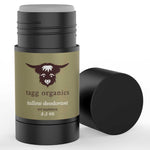 Tagg Organics tallow deodorant stick with black cap on a white background