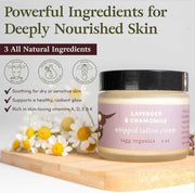 Jar of lavender and chamomile whipped tallow cream with natural ingredients listed on a white background