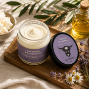 A jar of lavender & chamomile whipped yellow cream with its lid beside it, styled on a wooden board with bowls of ingredients, a bottle of oil, and herbs on a beige fabric background.