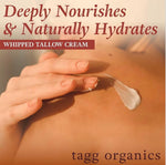 Whipped tallow cream being applied to skin with 'tagg organics' branding.