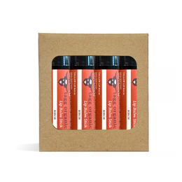 Set of four lip balm sticks in a cardboard packaging on a white background