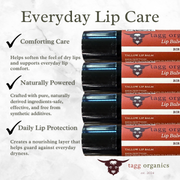 Lip balm packaging with text highlighting everyday lip care benefits and tagg organics branding.