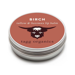 Lip balm container with 'Birch' and 'tagg organics' text on a white background