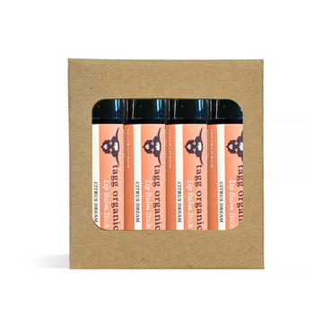 Set of four Tagg Organic lip balms in a cardboard packaging on a white background