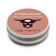 Lip balm container with 'Citrus Dream' and 'tagg organics' branding on a white background