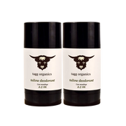 Two bottles of tagg organics tallow deodorant on a white background