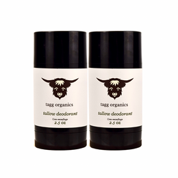 Two bottles of tagg organics tallow deodorant on a white background