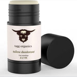 Tallow deodorant stick with black and white label on a white background