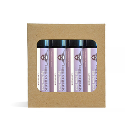 Set of Tagg Organic Lavender lip balm sticks in a cardboard box on a white background