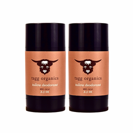Two containers of tagg organics tallow deodorant on a white background