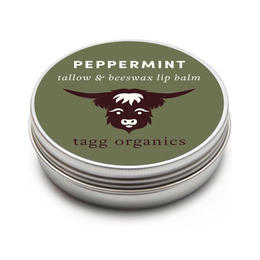 Lip balm container with 'Peppermint' and 'tagg organics' text on a white background