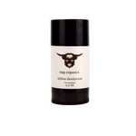 Deodorant stick with black cap and white label featuring a logo and text on a white background