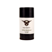 Deodorant stick with black cap and white label featuring a logo and text on a white background