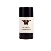 Deodorant stick with black cap and white label featuring a logo and text on a white background