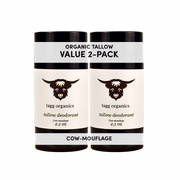 Two containers of tagg organics tallow deodorant with a cow logo on a white background.