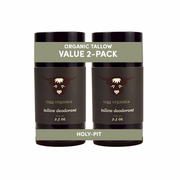 Two containers of tallow deodorant with a label indicating 'HOLY-PIT' on a white background.