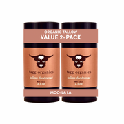 Two tallow deodorant containers from tagg organics on a white background